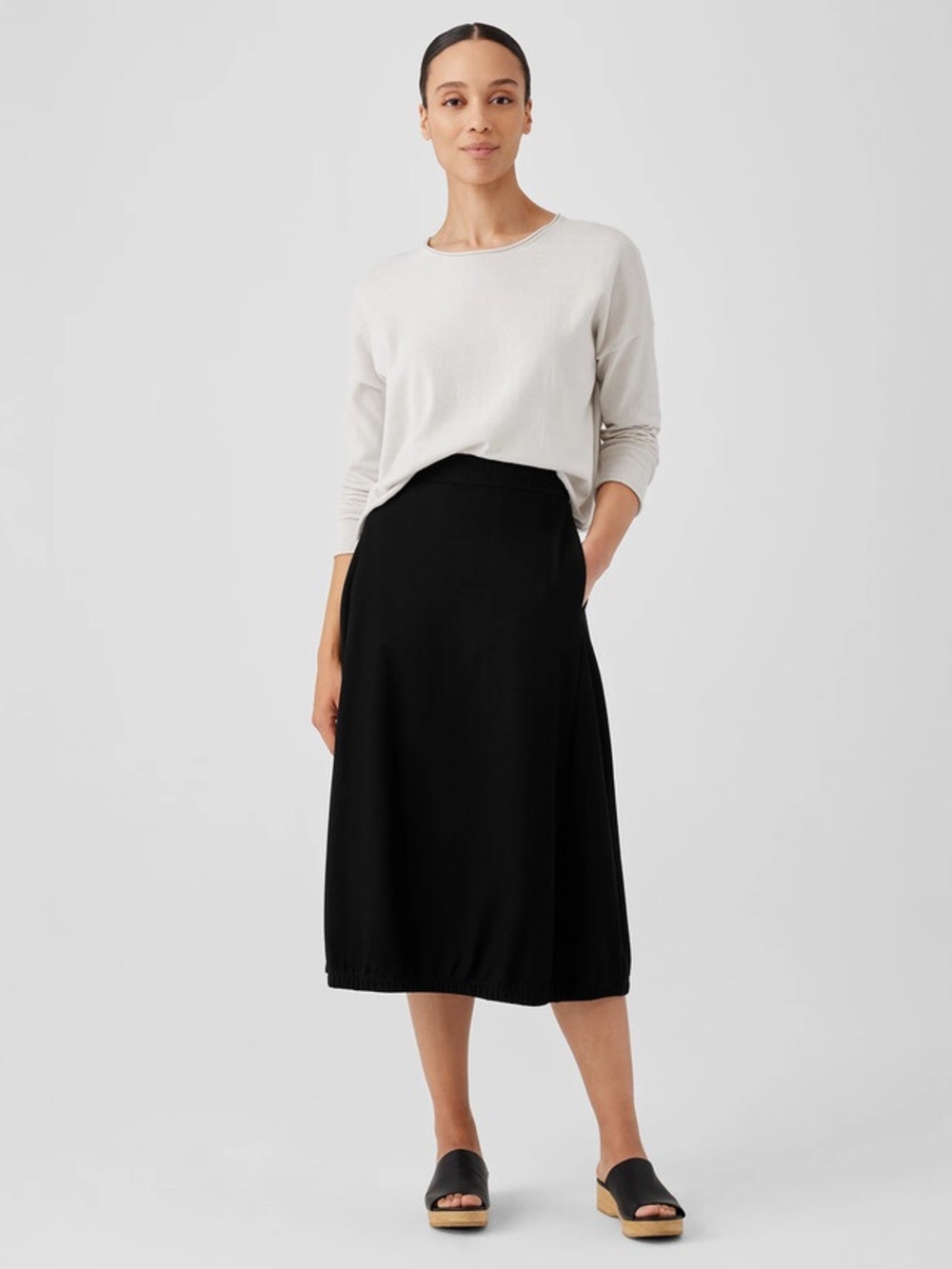 Eileen Fisher Black Washable Stretch Crepe Minimalist A-line Midi Skirt - Small